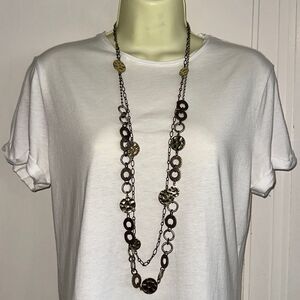 Chico’s long gold tone, bronze & silver double strand necklace